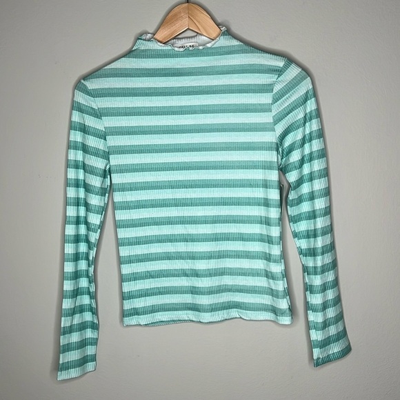 Cali Be Striped Ribbed Lettuce Mock Neck Long Sleeve Top Turquoise Size Medium - Picture 3 of 7